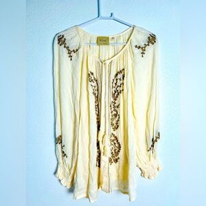Elie Tahari embroidered tassel ivory blouse puff sleeve bohemian Neutral